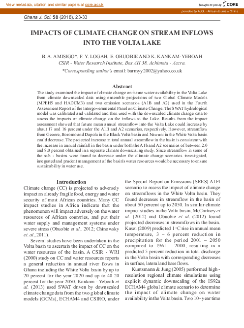 (PDF) Impacts of Climate Change on Stream Inflows into the Volta Lake