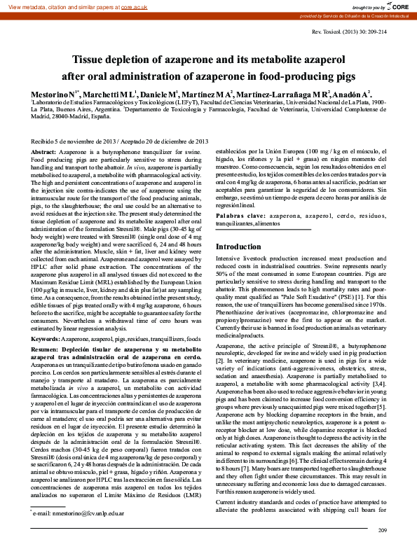 (PDF) Depleción tisular de azaperona y su metabolito azaperol tras ...