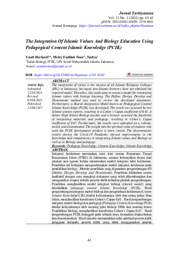 (PDF) The Integration Of Islamic Values And Biology Education Using ...