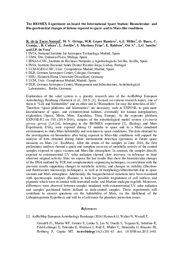 (PDF) The BIOMEX experiment on board the international space station ...