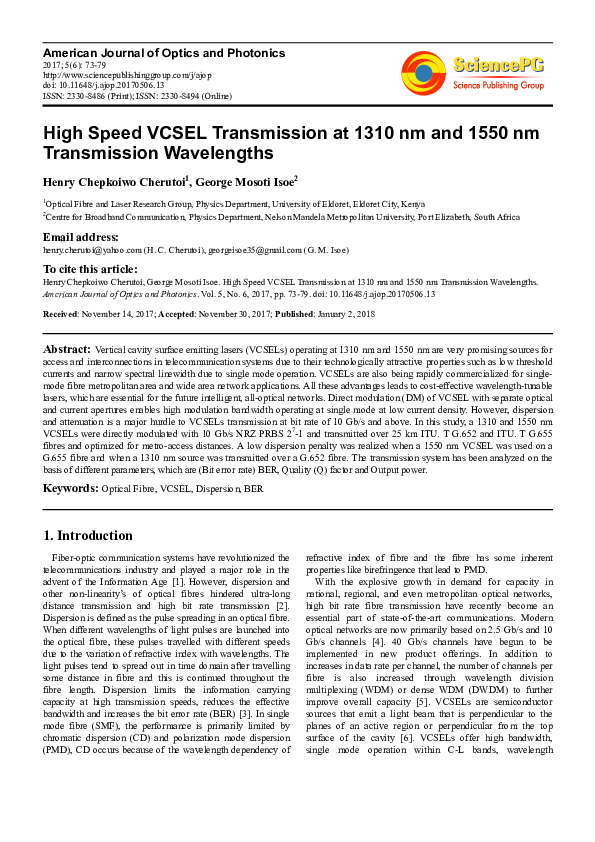 (PDF) High Speed VCSEL Transmission at 1310 nm and 1550 nm Transmission ...