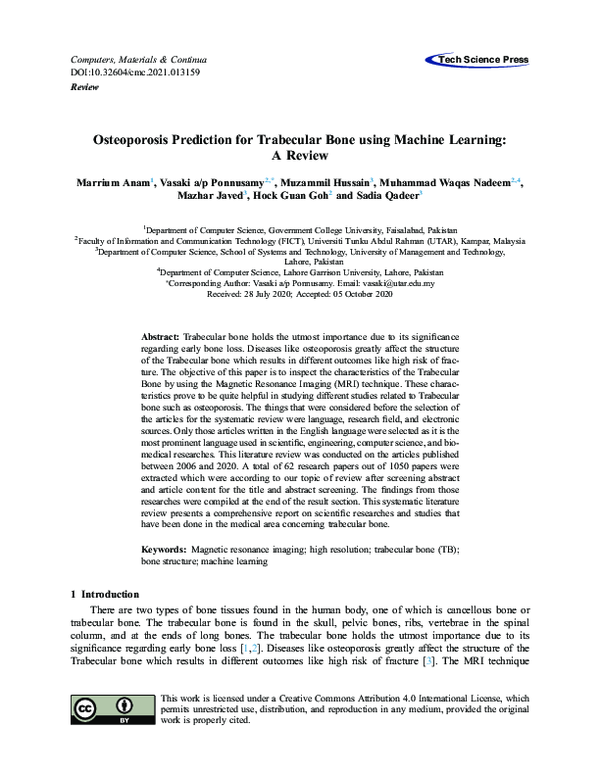 (PDF) Machine Learning for Osteoporosis in Bone