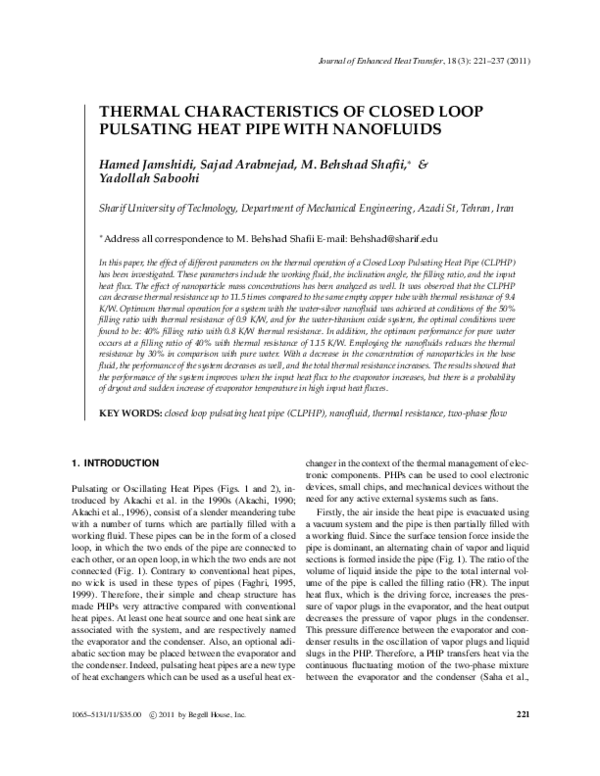 (PDF) Thermal Characteristics of Closed Loop Pulsating Heat Pipe with ...