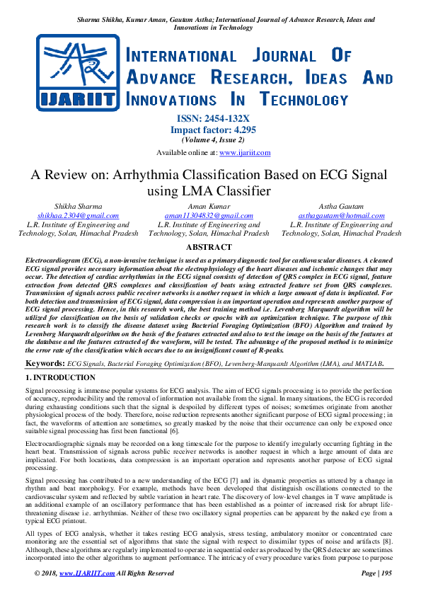 (PDF) Arrhythmia Classification Based on ECG Signal using LMA Classifier