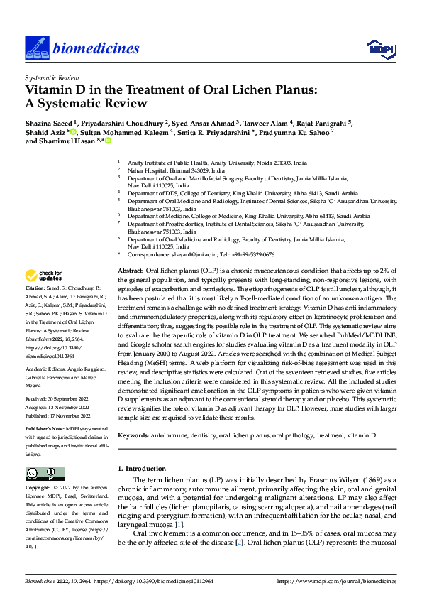 (PDF) Vitamin D in the Treatment of Oral Lichen Planus A Systematic