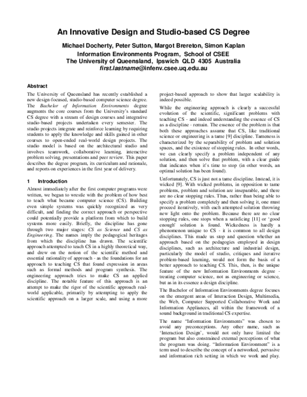 (PDF) An innovative design and studio-based CS degree