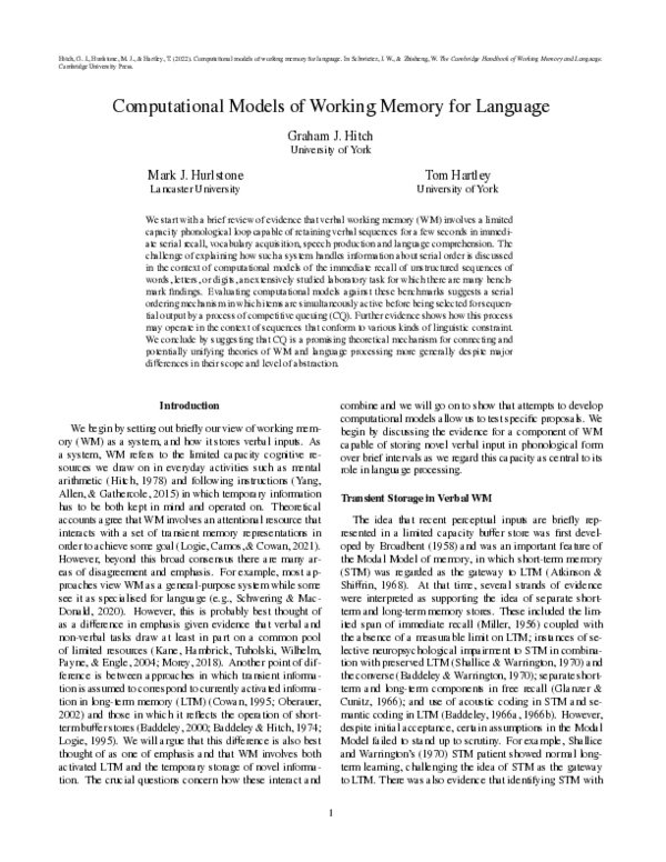 (PDF) Computational Models of Working Memory for Language