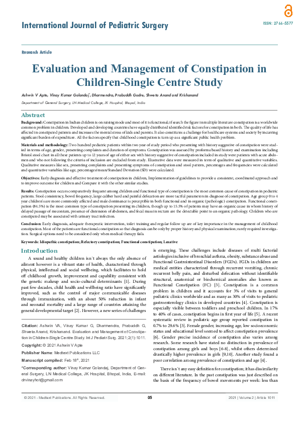 (PDF) Evaluation and Management of Constipation in Children-Single ...