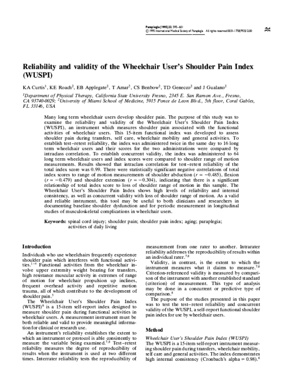 (PDF) Reliability and validity of the Wheelchair User's Shoulder Pain