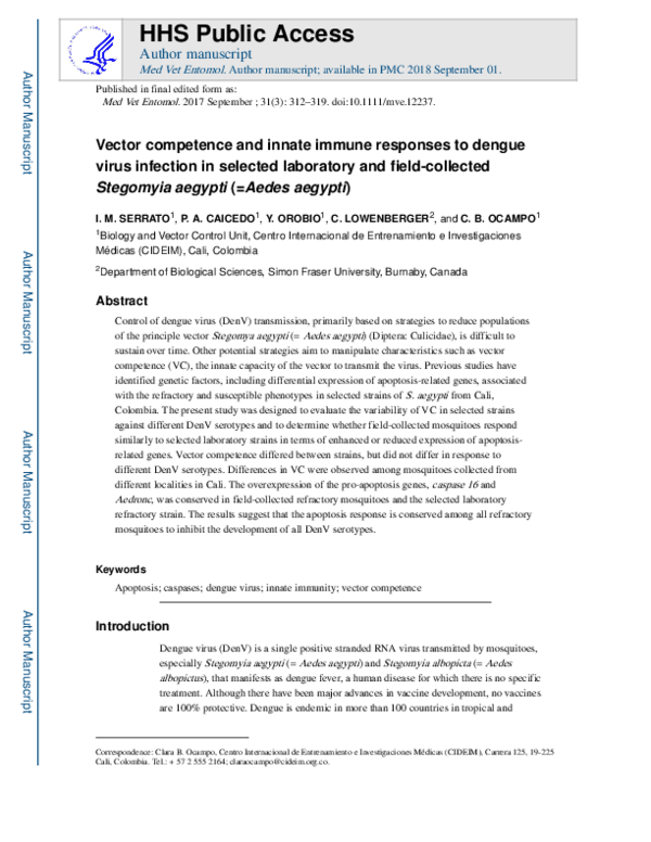 (PDF) Vector competence and innate immune responses to dengue virus ...