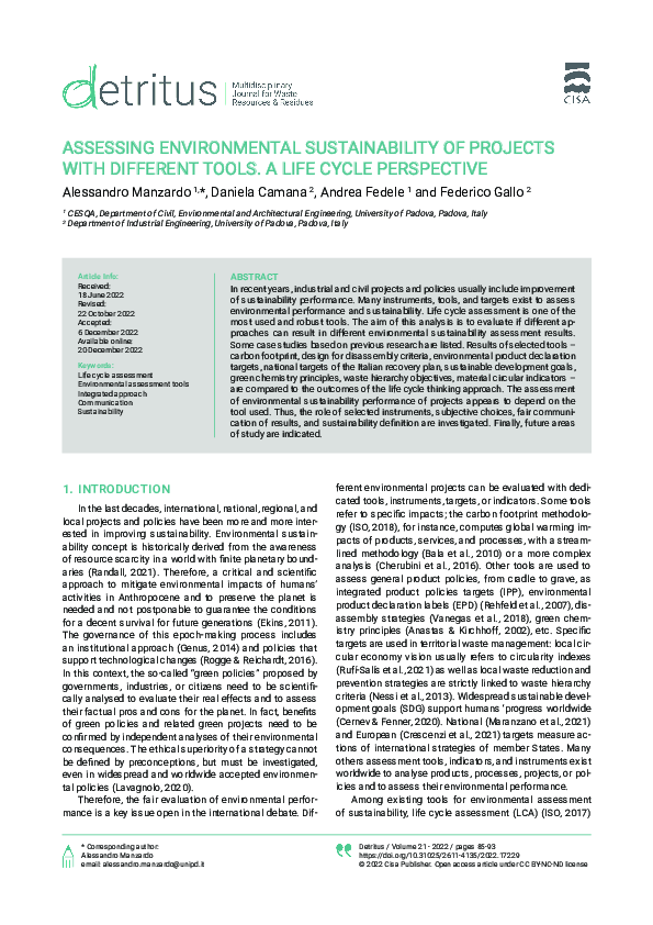 (PDF) Assessing environmental sustainability of projects with different ...