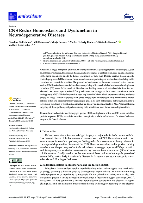 (PDF) CNS Redox Homeostasis and Dysfunction in Neurodegenerative Diseases
