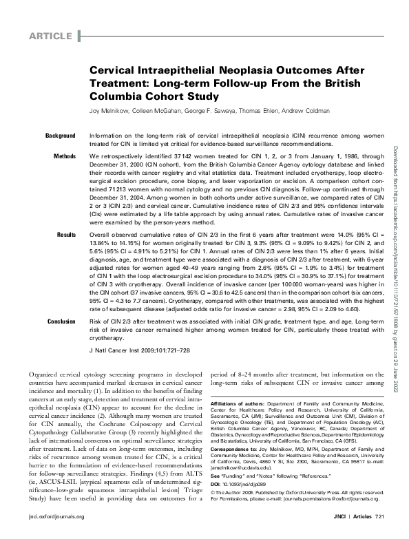 (PDF) Cervical Intraepithelial Neoplasia Outcomes After Treatment: Long ...