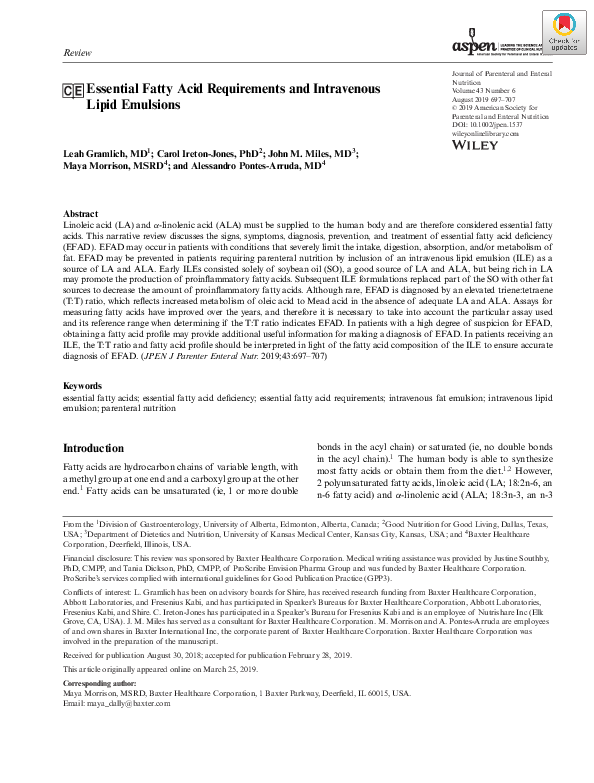 (PDF) Essential Fatty Acid Requirements and Intravenous Lipid Emulsions