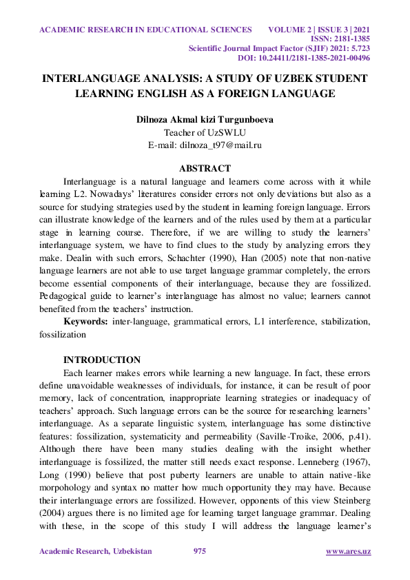 (PDF) Interlanguage Analysis: A Study of Uzbek Student Learning English ...
