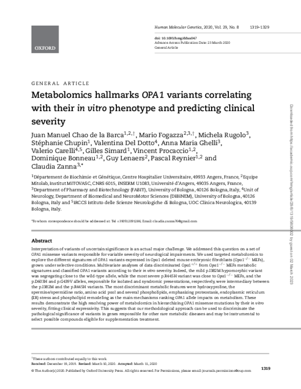 (PDF) Metabolomics hallmarks OPA1 variants correlating with their in ...