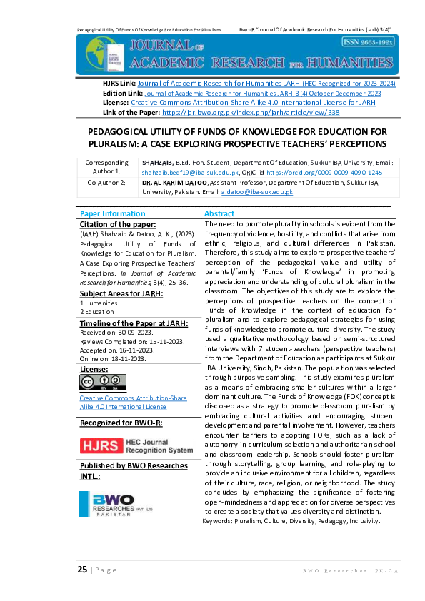 (PDF) PEDAGOGICAL UTILITY OF FUNDS OF KNOWLEDGE FOR EDUCATION FOR ...