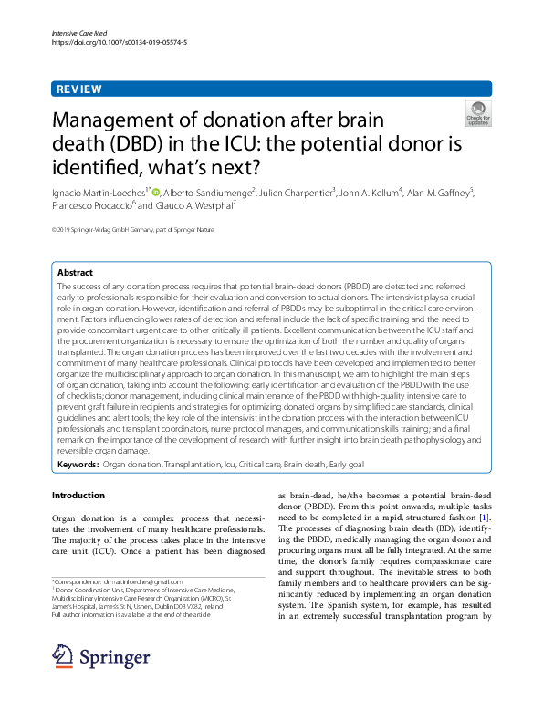 (PDF) Management of donation after brain death (DBD) in the ICU: the ...