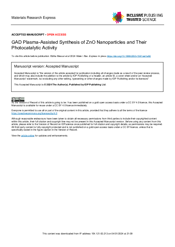 (PDF) GAD Plasma-Assisted Synthesis of ZnO Nanoparticles and Their ...