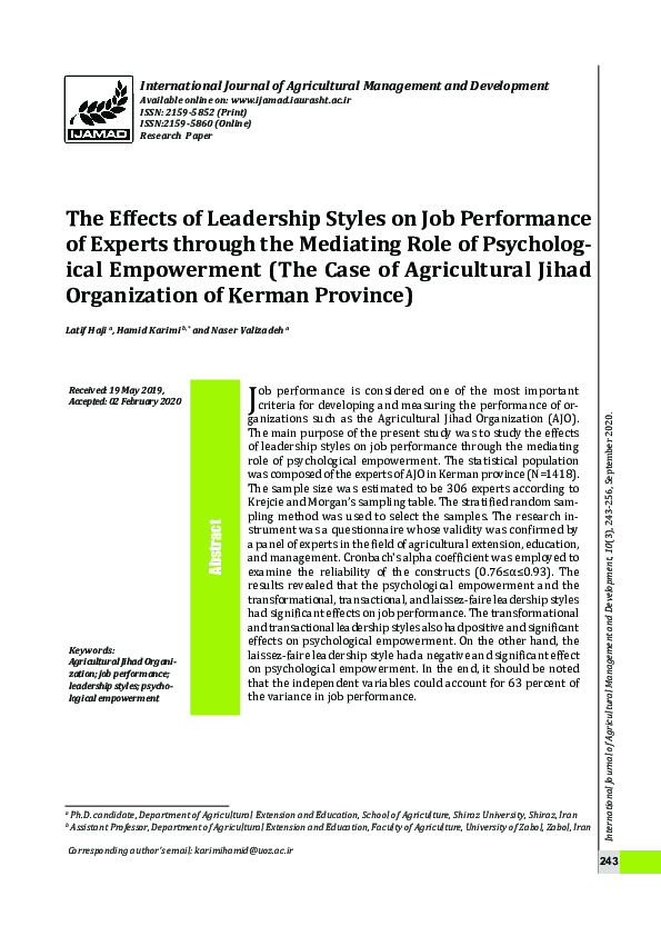 (PDF) The effects of leadership styles on job performance of experts ...