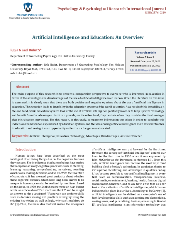 (PDF) Artificial Intelligence and Education: An Overview