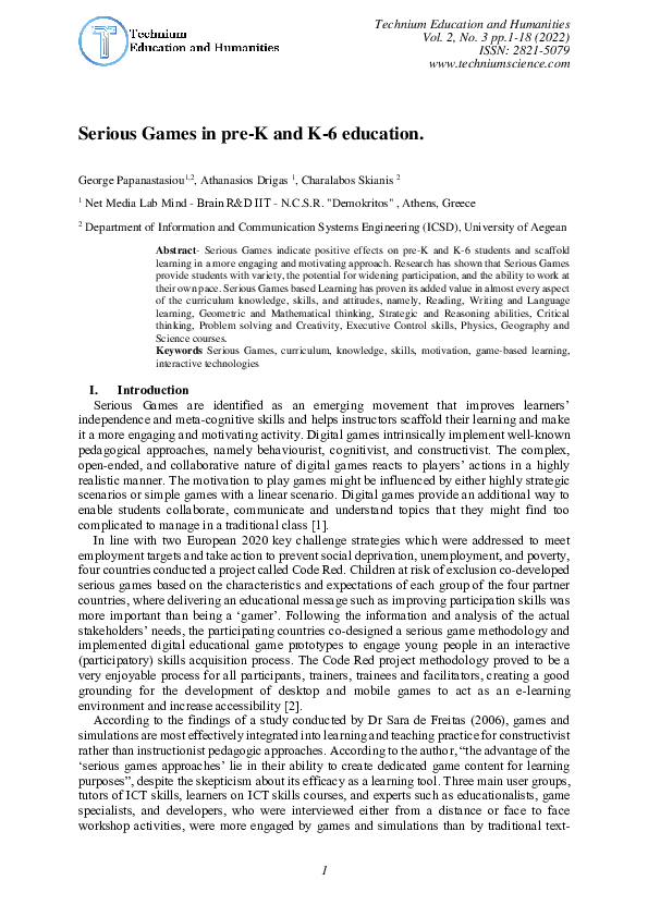 (PDF) Serious Games in pre-K and K-6 education