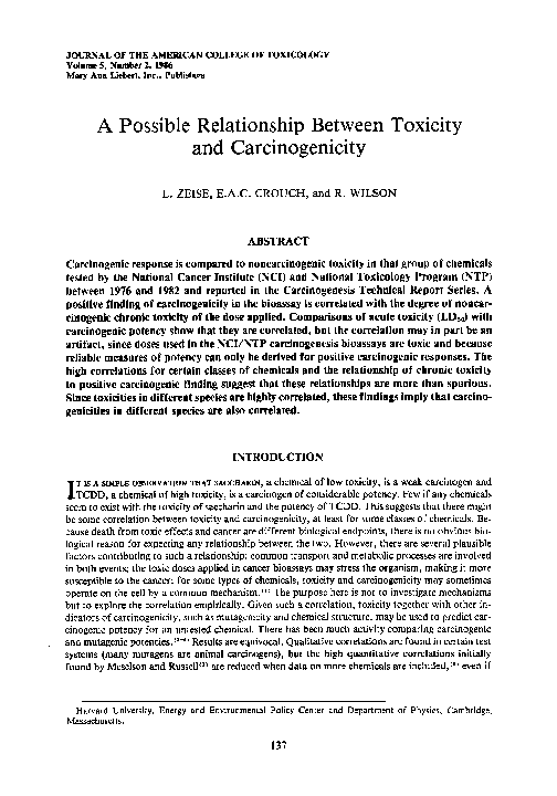 (PDF) A Possible Relationship Between Toxicity and Carcinogenicity
