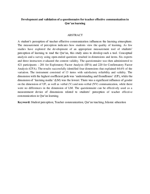 (PDF) Development and validation of a questionnaire for teacher ...