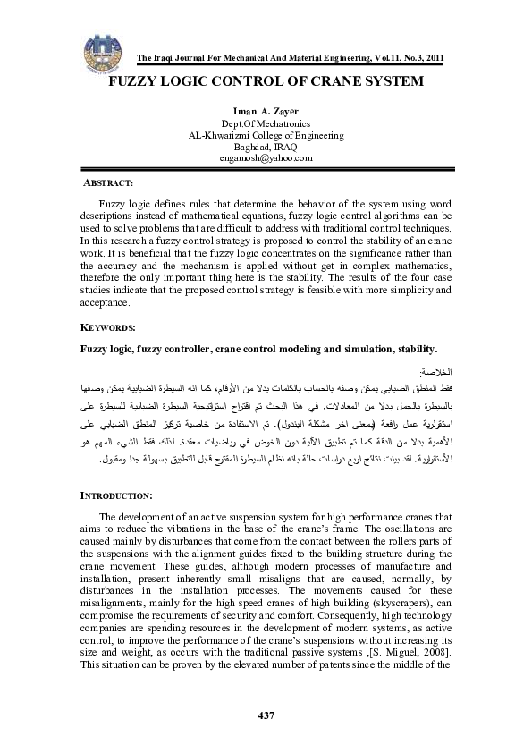(PDF) Fuzzy Logic Control of Crane System