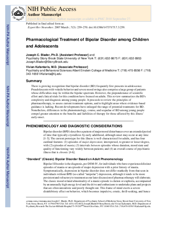 (PDF) Pharmacological treatment of bipolar disorder among children and ...