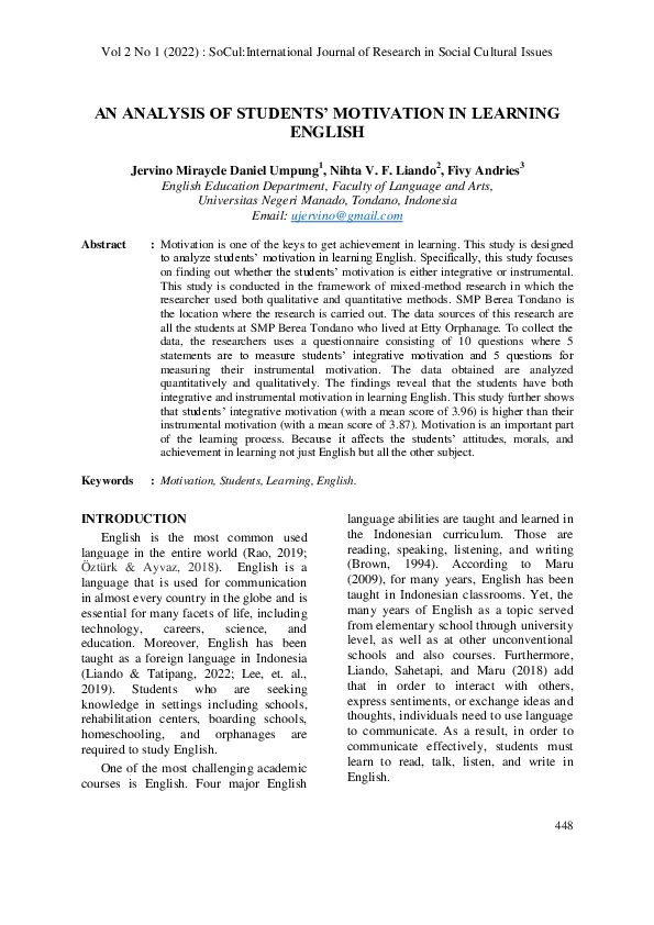 (PDF) An Analysis of Student’s Motivation in Learning English
