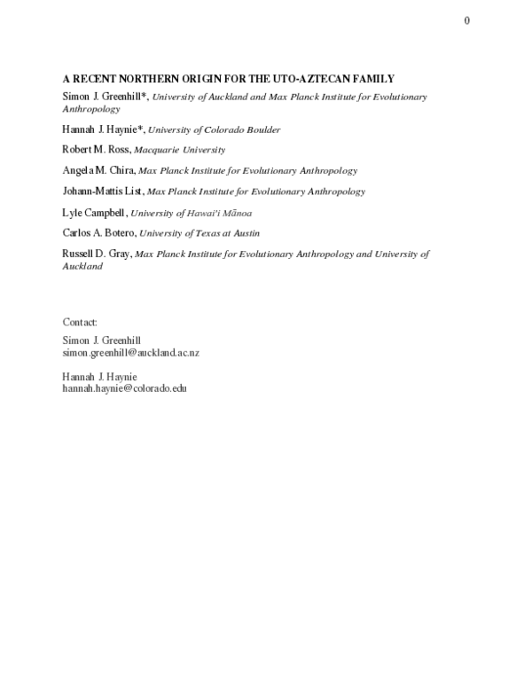(PDF) A recent northern origin for the Uto-Aztecan family