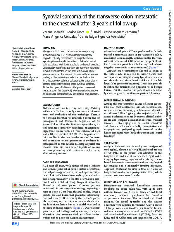 (PDF) Synovial sarcoma of the transverse colon metastatic to the chest ...