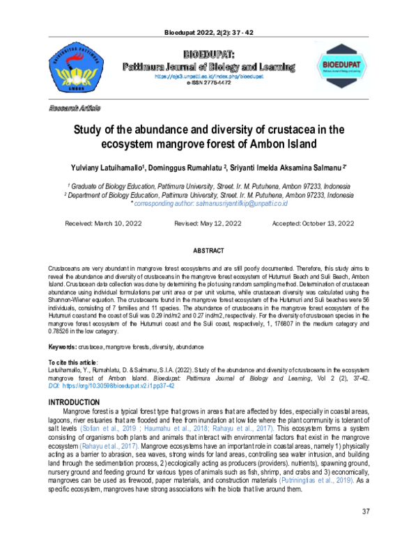 (PDF) Study of the abundance and diversity of crustaceans in the ...