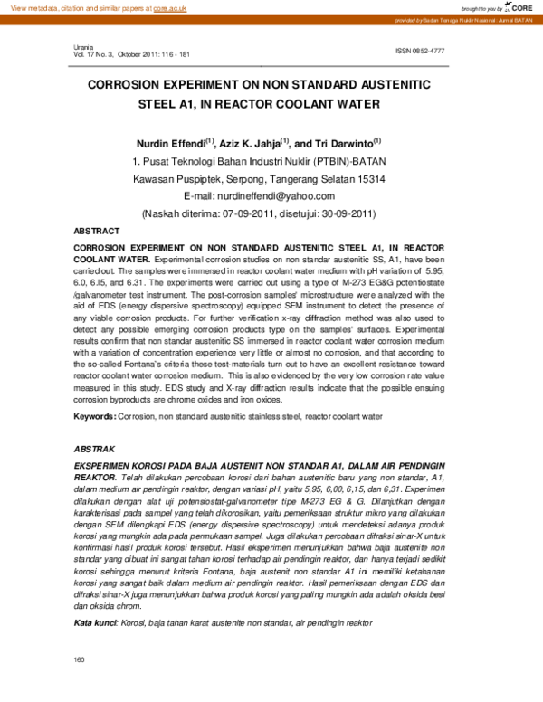 Corrosion Experiment on Non Standard Austenitic Steel A1, in Reactor Coolant Water