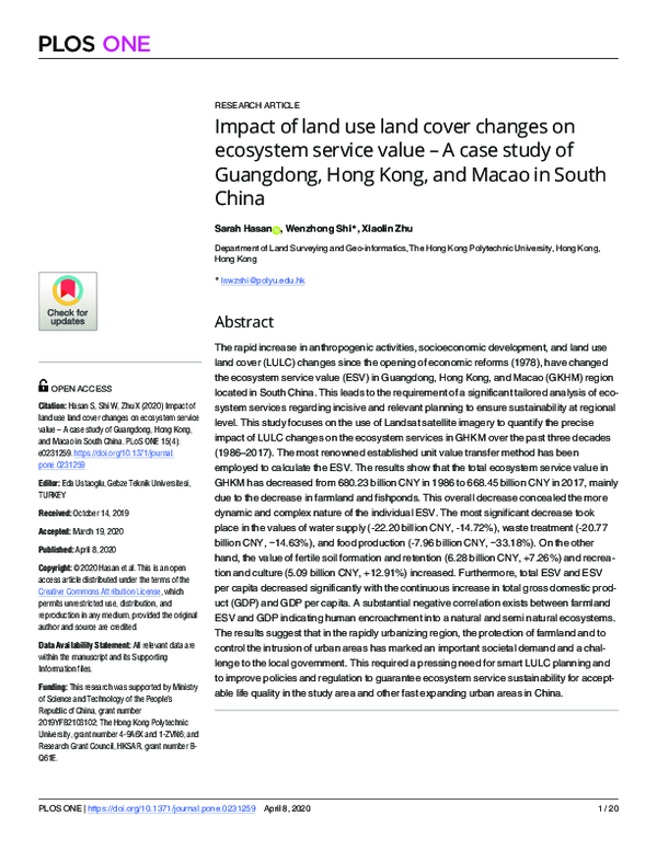 (PDF) Impact of land use land cover changes on ecosystem service values ...