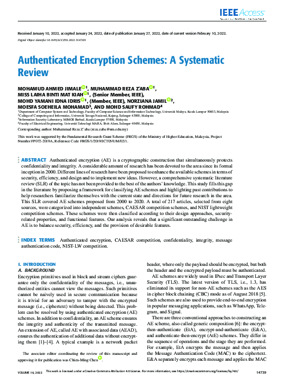(PDF) Authenticated Encryption Schemes: A Systematic Review
