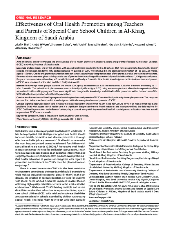 (PDF) Effectiveness of Oral Health Promotion among Teachers and Parents ...