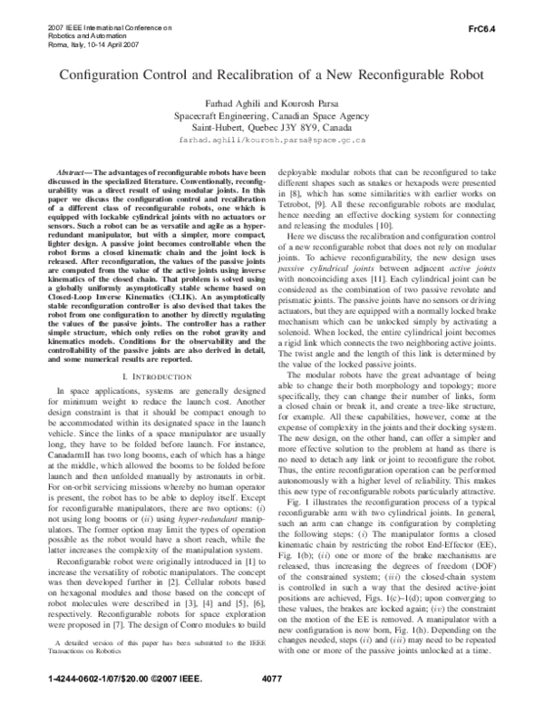 (PDF) Configuration Control and Recalibration of a New Reconfigurable Robot