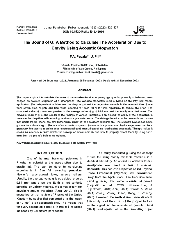 (PDF) The Sound of G: A Method to Calculate The Acceleration Due to ...