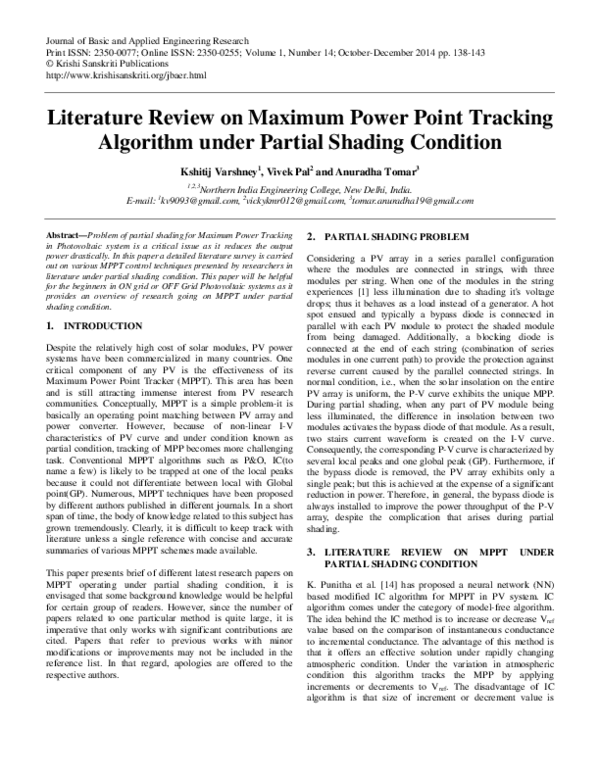 (PDF) Literature Review on Maximum Power Point Tracking Algorithm under ...