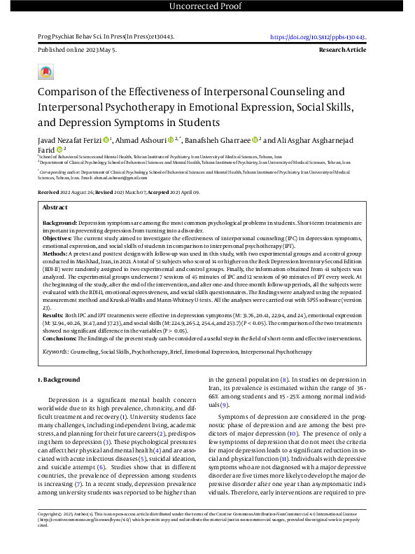 (PDF) Comparison of the Effectiveness of Interpersonal Counseling and ...