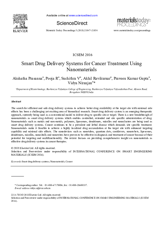 (PDF) Smart Drug Delivery Systems for Cancer Treatment Using Nanomaterials
