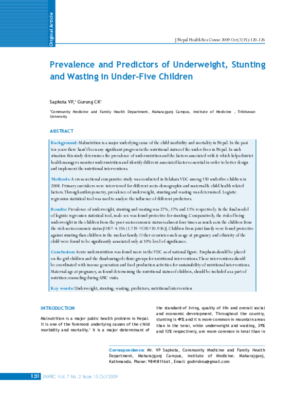 (PDF) Prevalence and Predictors of Underweight, Stunting and Wasting in ...