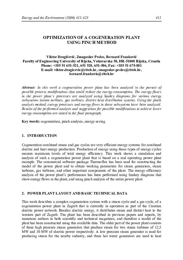 (PDF) Optimisation of a cogeneration plant using pinch method Bernard