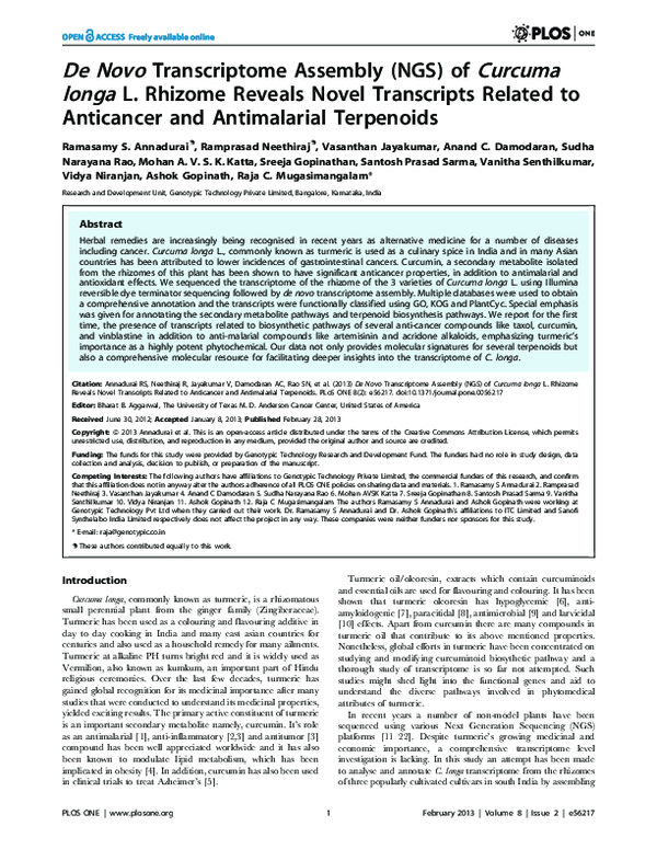 (PDF) De Novo Transcriptome Assembly (NGS) of Curcuma longa L. Rhizome ...