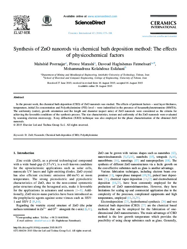 (PDF) Synthesis of ZnO nanorods via chemical bath deposition method ...