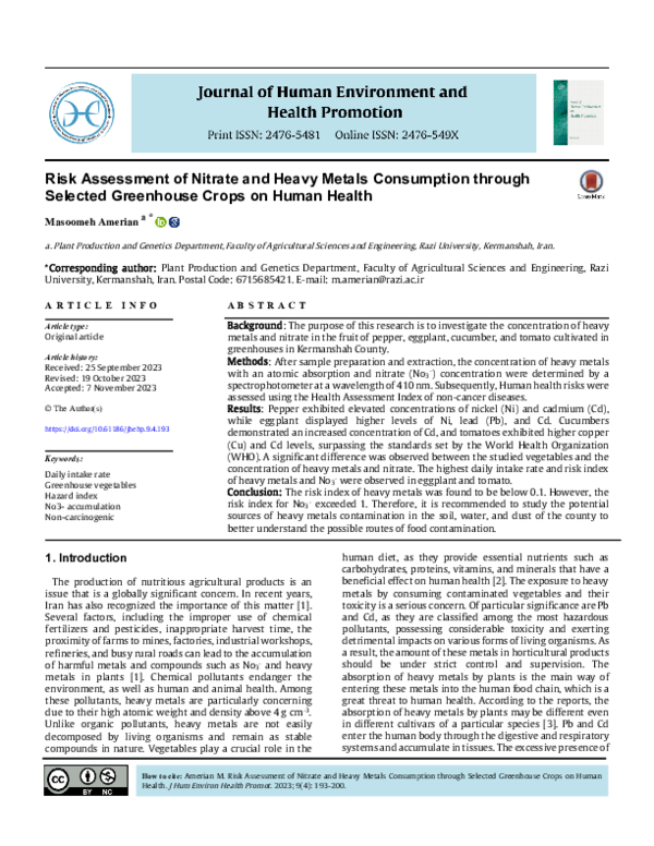(PDF) Risk Assessment of Nitrate and Heavy Metals Consumption through ...