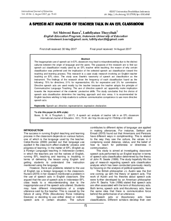 (PDF) A Speech Act Analysis of Teacher Talk in an Efl Classroom
