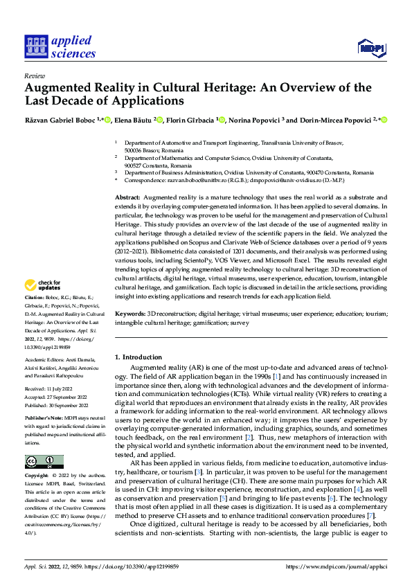 (PDF) Augmented Reality in Cultural Heritage: An Overview of the Last ...